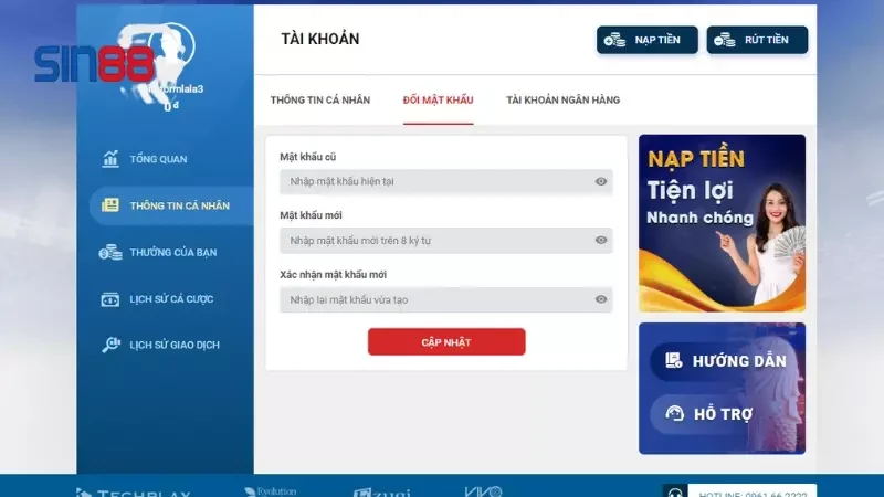 Hướng dẫn đổi mật khẩu Sin88 đơn giản, nhanh chóng