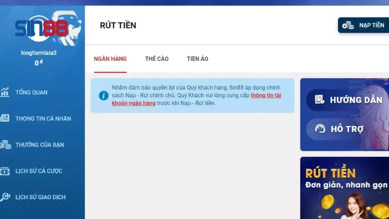 Hướng dẫn rút tiền Sin88 qua ngân hàng